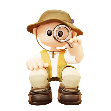 Cute Cartoon 3 D Smile Happy Camper Young Man Character Using A Magnifying Glass In Outdoor Camping Or Scout Uniform Healthy Lifestyle Tourist Camp Tents 3D Illustration