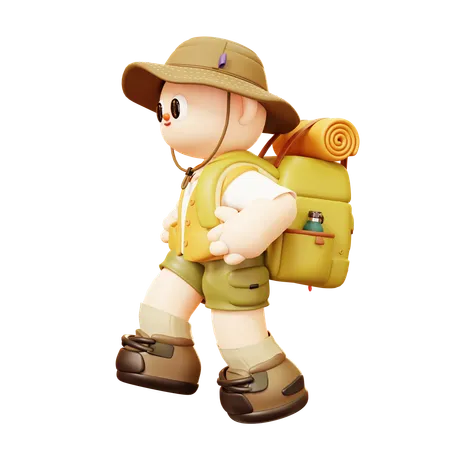 Camper Man Walking With Backpack  3D Illustration