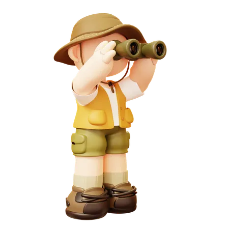 Cute Cartoon 3 D Smile Happy Camper Young Man Character Watching With Binoculars In Outdoor Camping Or Scout Uniform Healthy Lifestyle Tourist Camp Tents 3D Illustration
