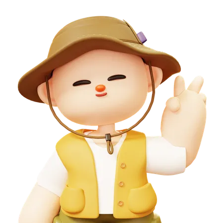 Cute Cartoon 3 D Camper Young Man Character With Two Finger V Sign Greeting Gesture Saying Hello Hi Or Bye And Waving With Hand In Outdoor Camping Or Scout Uniform Healthy Lifestyle Tourist Camp Tents 3D Illustration