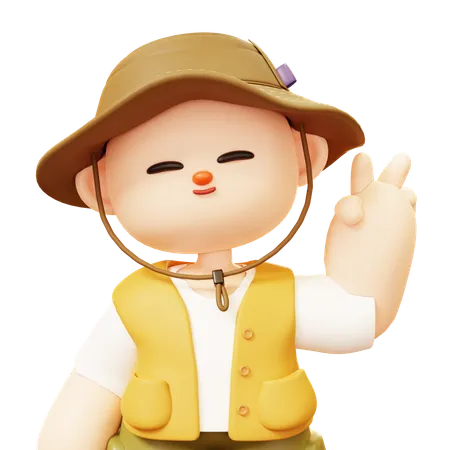 Camper Smiling Man Showing Victory Sign Greeting Gesture  3D Illustration