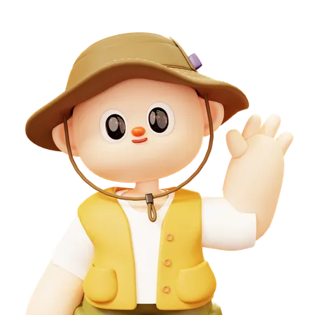 Cute Cartoon 3 D Camper Young Man Character With Greeting Gesture Saying Hello Hi Or Bye And Waving With Hand In Outdoor Camping Or Scout Uniform Healthy Lifestyle Tourist Camp Tents 3D Illustration