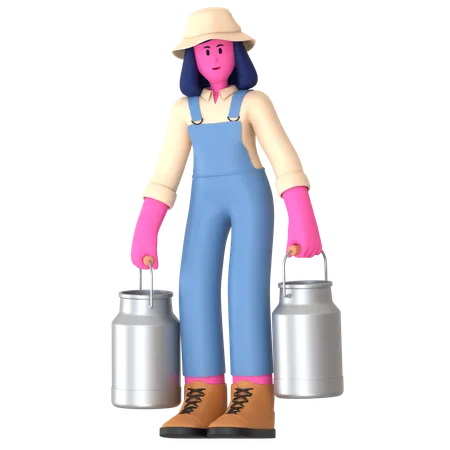 La agricultora llevando lata de leche  3D Illustration