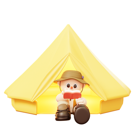 Camper Man Reading Book dans la tente  3D Illustration