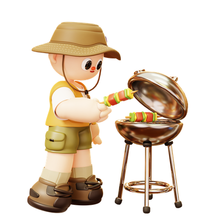 Camper Man pique-nique avec barbecue  3D Illustration