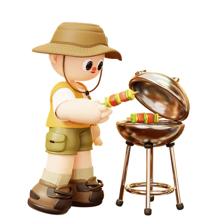 Camper Man pique-nique avec barbecue  3D Illustration