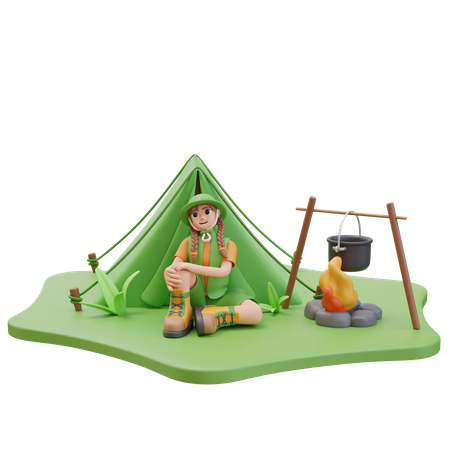 Campeuse assise près d'une tente et d'un feu de camp avec de la nourriture  3D Illustration