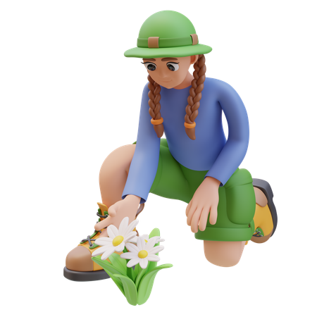 Camper Girl Touch Daisy Flower  3D Illustration