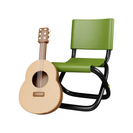 3 D Camping Chair With Guitar Elements For Camping Hiking Summer Camp Traveling Trip Icon Isolated On White Background 3 D Rendering Illustration Clipping Path 3D Icon