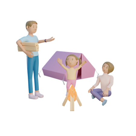 Famille faisant du camping  3D Illustration