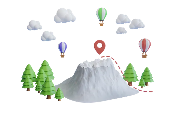 Die Berge Sind Von Kiefern Und Wolken Auf Blauem Hintergrund Umgeben 3 D Rendering Touristischer Rucksack Mit Karte Und Kompass 3D Illustration