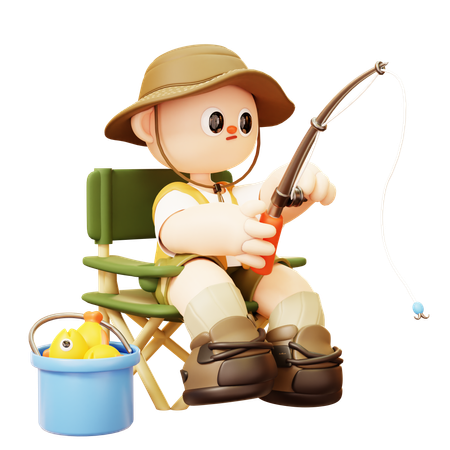 Camper hombre sentado y pescando en silla de campamento con cubo de pescado  3D Illustration