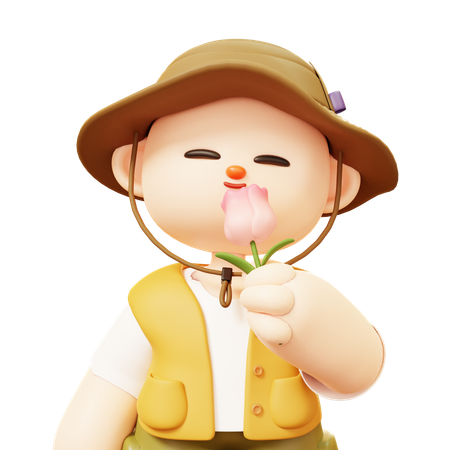 Hombre campista sosteniendo flores y olfateando aroma  3D Illustration