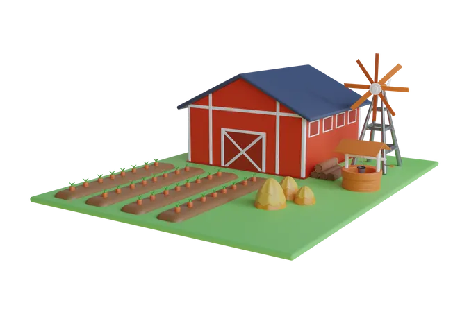 Ilustracion 3 D De Un Pueblo Agricola Edificios Rurales Molino De Viento Y Granero Ilustracion 3 D Del Campo De Zanahorias 3D Illustration