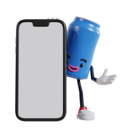 Can of soft drink character appears from behind a big phone  3D Illustration