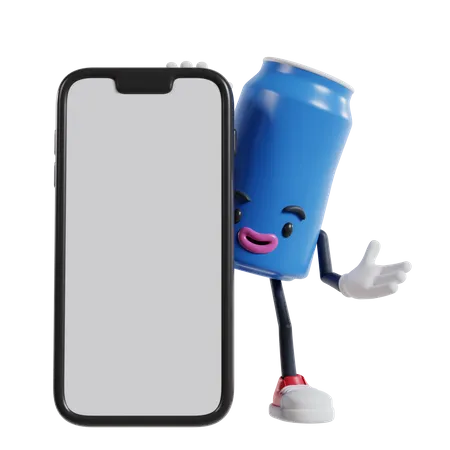 Blue Can Of Soft Drink Cartoon Character Appears From Behind A Big Phone 3 D Illustration Of Soft Drink Cans 3D Illustration