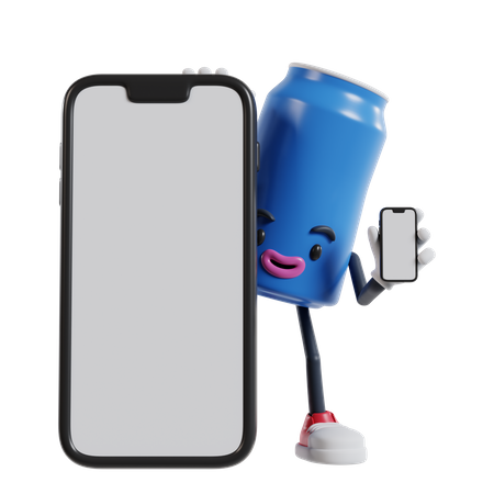 Can of soft drink character appears from behind a big phone and holding phone  3D Illustration