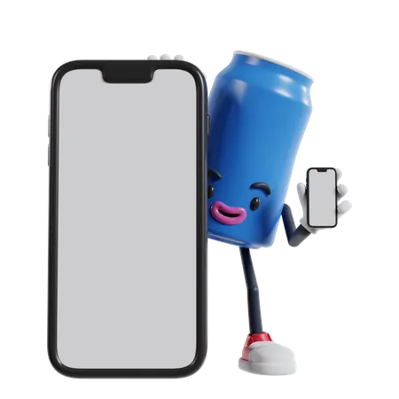 Can of soft drink character appears from behind a big phone and holding phone  3D Illustration