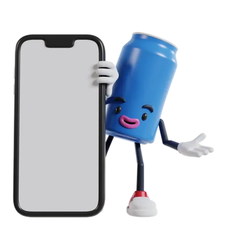 Can of soft drink character appears from behind a big phone with open hand  3D Illustration