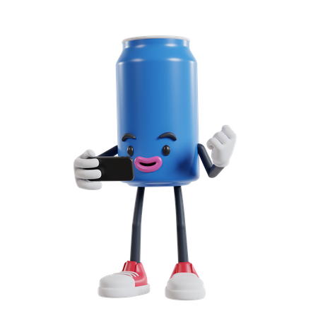 Can of soft drink character celebrating while looking at the phone screen  3D Illustration