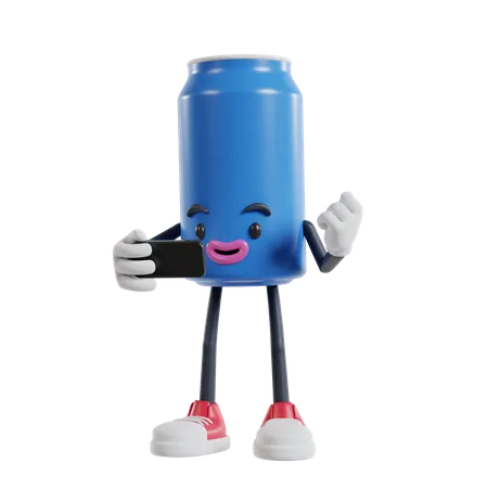 Can of soft drink character celebrating while looking at the phone screen  3D Illustration