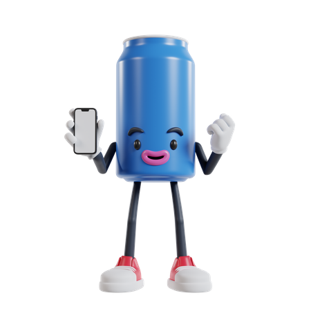 Can of soft drink character doing win gesture showing mobile phone screen  3D Illustration