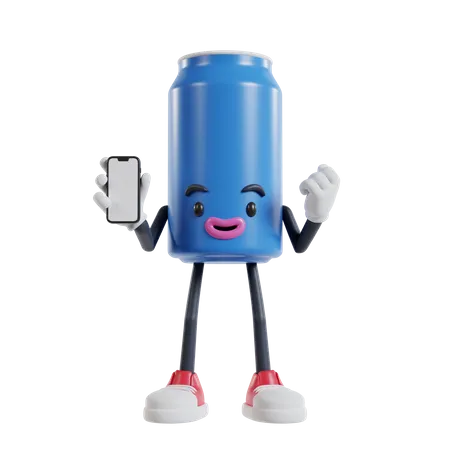 Blue Can Of Soft Drink Cartoon Character Doing Win Gesture Showing Mobile Phone Screen 3 D Illustration Of Soft Drink Cans 3D Illustration