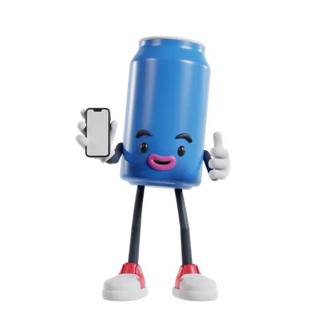 Can of soft drink character give thumbs up and showing smartphone screen  3D Illustration