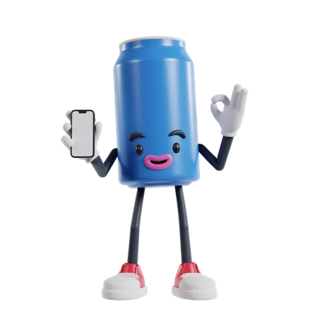 Can of soft drink character holding smartphone and showing ok finger  3D Illustration