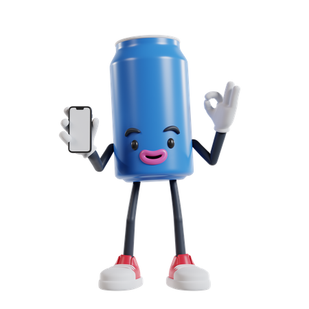 Can of soft drink character holding smartphone and showing ok finger  3D Illustration