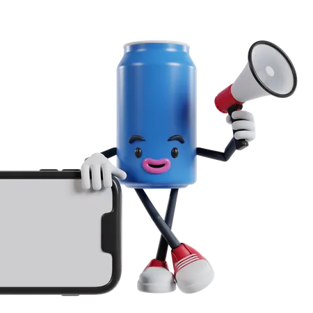 Can of soft drink character leaning on landscape cellphone holding megaphone 3D Illustration