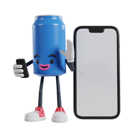 Can of soft drink character making video call and waving hand on big phone  3D Icon
