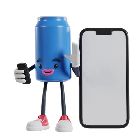 Can of soft drink character making video call and waving hand on big phone  3D Illustration