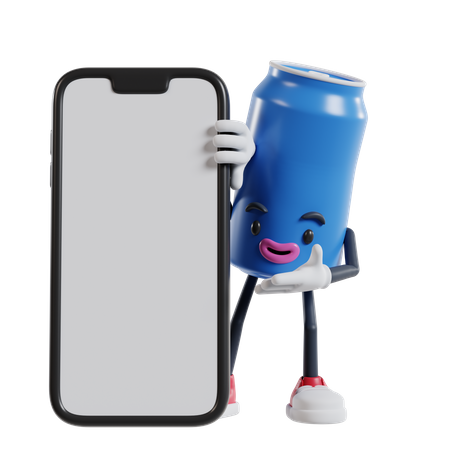 Can of soft drink character peeking from behind a big mobile phone and showing what's on the screen by hand  3D Illustration