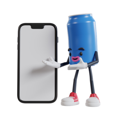 Can of soft drink character presenting big mobile phone with both hand  3D Illustration