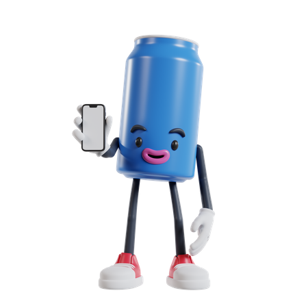 Can of soft drink character showing phone screen  3D Illustration