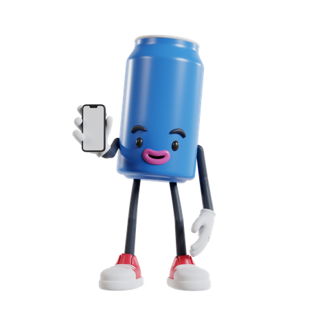 Can of soft drink character showing phone screen  3D Illustration