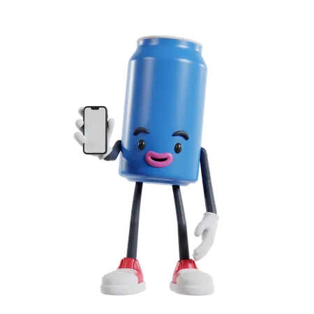 Can of soft drink character showing phone screen  3D Illustration
