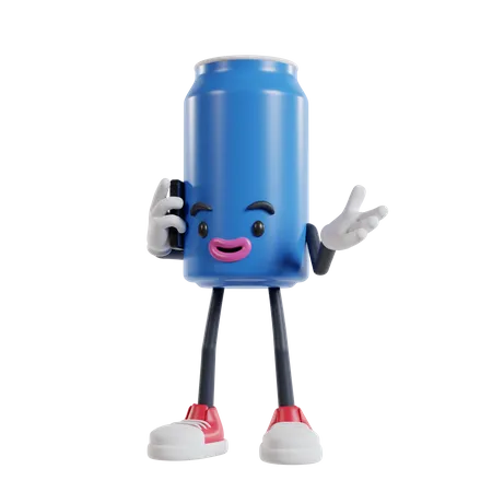 Can of soft drink character talking on smartphone  3D Illustration