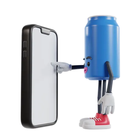 Can of soft drink character touching phone screen with index finger  3D Illustration