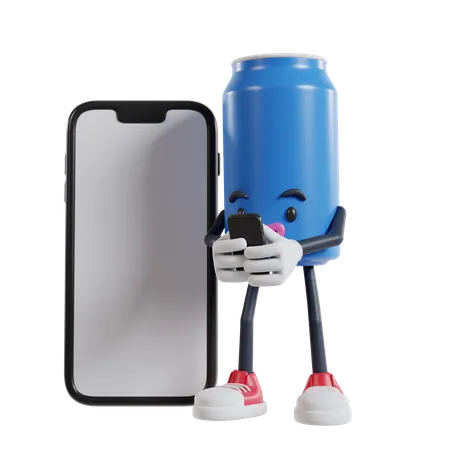 Can of soft drink character Typing Message on the Smartphone  3D Illustration