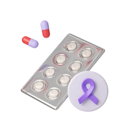 Pills And Purple Ribbon World Cancer Day Concept February 4 Raise Awareness Prevention Detection Treatment Icon Design 3 D Illustration 3D Icon