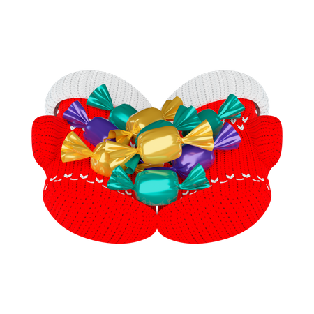 Candies in knitted Mittens 3D Illustration
