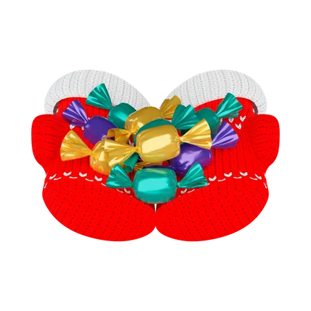 Candies in knitted Mittens  3D Illustration