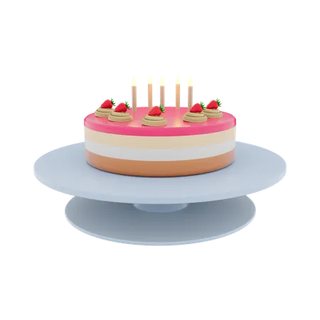 3 D Rendering Tasty Birthday Cake With Colorful Candles And Ripe Strawberries Icon 3 D Render Delicous Desert On A Tray Icon Tasty Birthday Cake With Colorful Candles And Ripe Strawberries 3D Icon