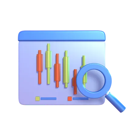 The 3 D Candlestick Trading And Magnifying Glass Illustration Asset Presents A Detailed Depiction Of Candlestick Trading Alongside A Magnifying Glass 3D Icon