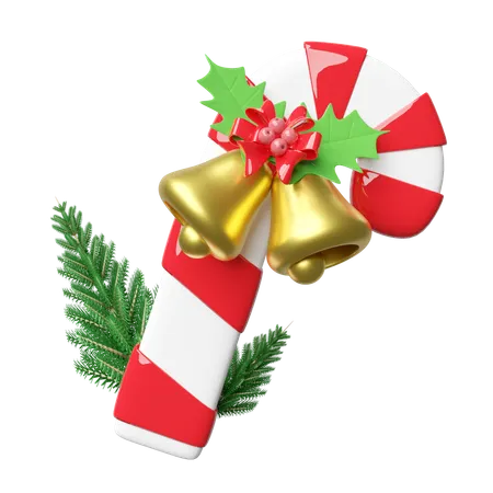 Candy Cane With Jingle Bell Red Bow Holly Berry Leaves Pine Tree Merry Christmas And Happy New Year 3 D Render Illustration 3D Illustration