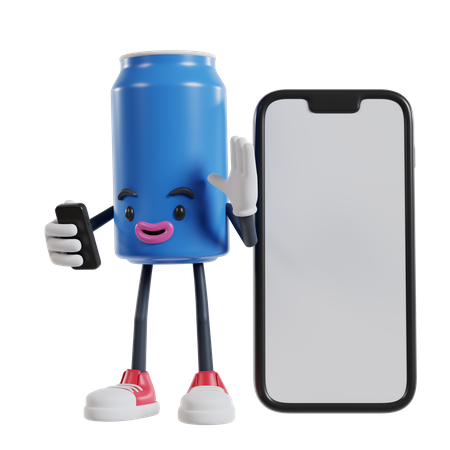 Canette de personnage de boisson gazeuse passant un appel vidéo et agitant la main sur un grand téléphone  3D Illustration