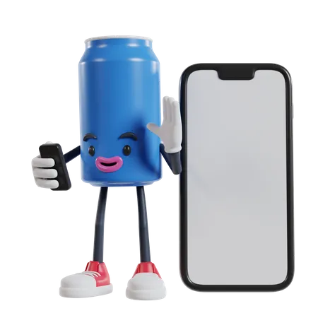 Canette de personnage de boisson gazeuse passant un appel vidéo et agitant la main sur un grand téléphone  3D Illustration