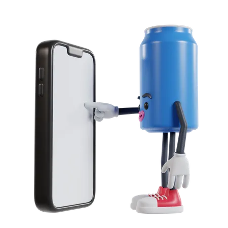 Canette de personnage de boisson gazeuse touchant l'écran du téléphone avec l'index  3D Illustration